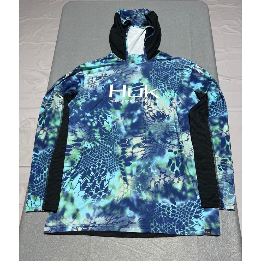 Huk Performance Fishing Hoodie Mens Blue Green Camo Long Sleeve Sun Shirt L